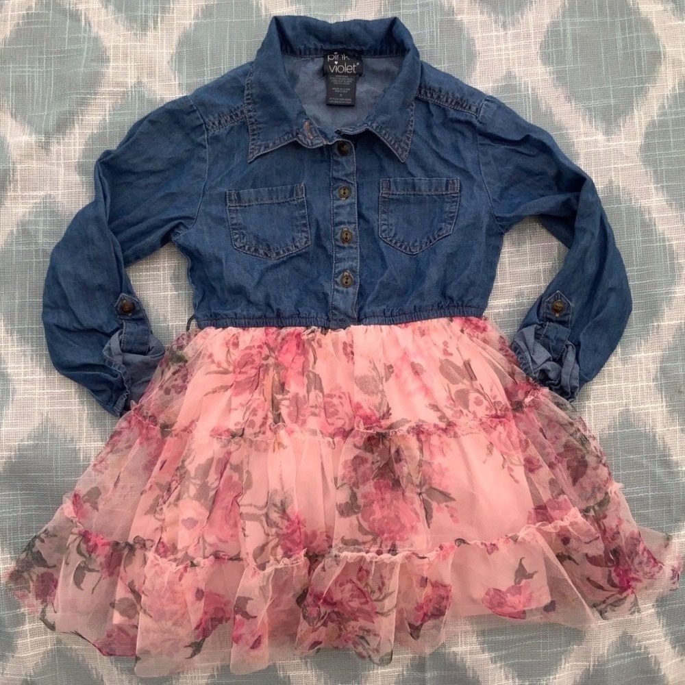 Girls‎ Sz 5 Pink Violet Denim Dress Floral Tulle Skirt Long Sleeve Girls Size